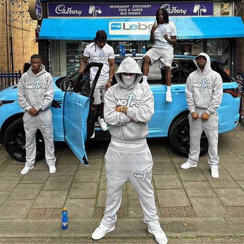 Retro Print Hooded Sweatshirt Set Casual Unisex Jogger Pants
