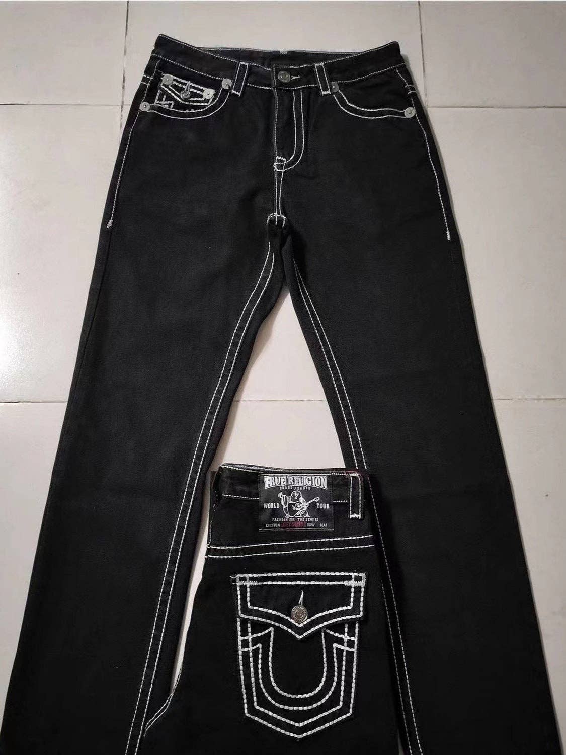 True Religion Men’s Casual Straight Leg Jeans with Religious Print