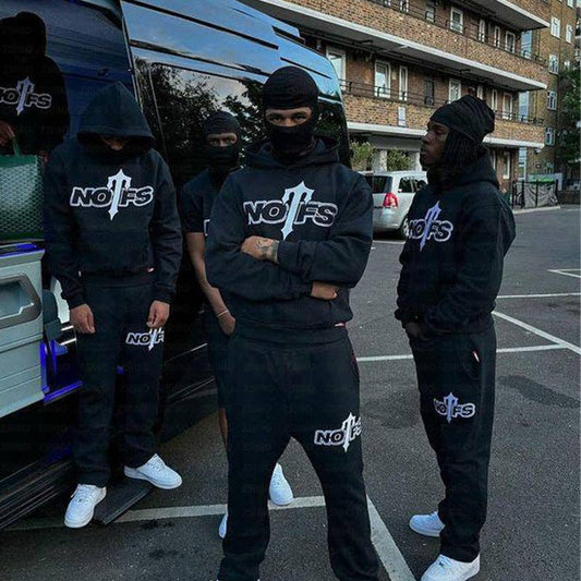 NOFS Printed Sports Set Retro Streetwear Hooded Sweatshirt and Loose Fit Pants